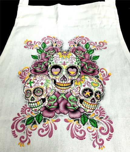 3 sugar skulls floral chef white apron 100% cotton restaurant kitchen ape-0009 for sale