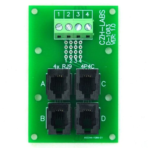 RJ9 4P4C Jack 4-Way Buss Breakout Board, Terminal Block, Connector.