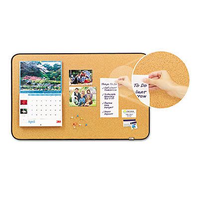 Sticky Cork Self-Stick Bulletin Board, 36 x 22, Natural, Black Frame, 1 Each