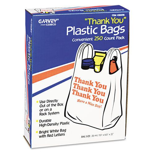 Garvey &#034;Thank You&#034; Bags,Plastic, 11.5 X 6.5 X 22 - .55 mil, White, 250/Box