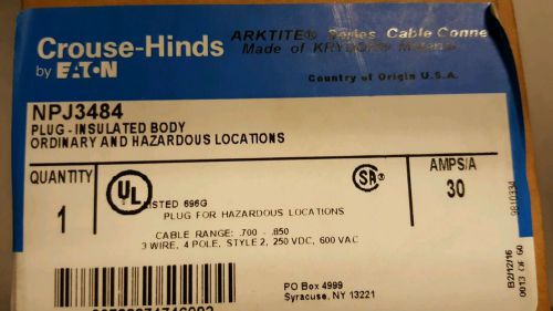 Crouse Hinds, #NPJ3484, 30 amp, 4W 4P, Plug, 600V Max, Crydon Fiber, NIB