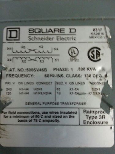 SQUARE D 500SV46B Transformer,0.50 Kva