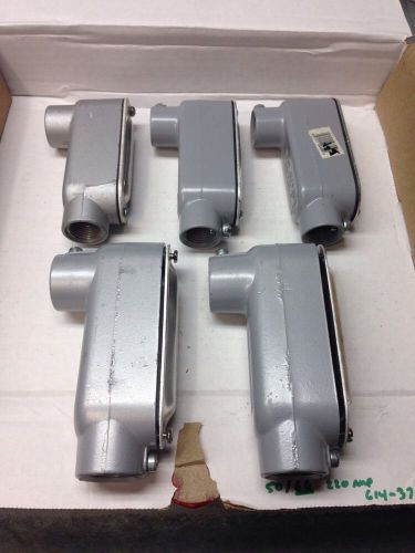 LOT OF 5 ALUMINUM TYPE LB CONDUIT BODY &amp; COVERS (1/2&#034; &amp; 3/4&#034;)