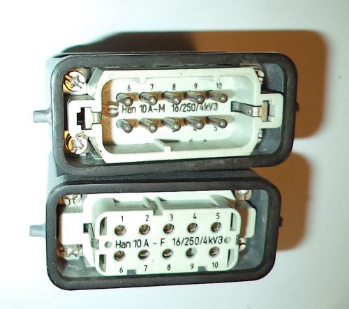 Harting han 10a-m 10-pin male &amp; 10a-f 10-pin female connectors w aluminum hoods for sale