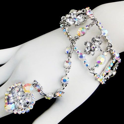 Wedding Flower Ring Bracelet Chain Rhinestone Crystal Clear AB Square