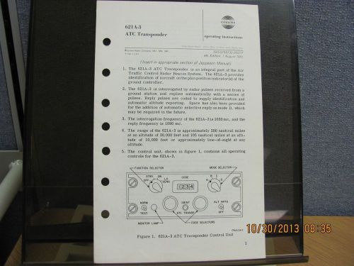 COLLINS MANUAL 621A-3: ATC Transponder: Operating Instructions #18934 pamphlet