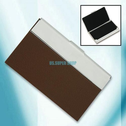 brown faux leather coated metal frame credit name business card box case holder