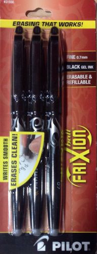 New Sealed 3/pk Pilot Frixion Erasable Gel Pens Fine Point 0.7MM  Black ink