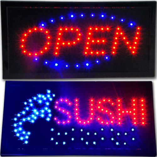 OPEN &amp; SUSHI Blue Red LED Signs Store neon Restaurant bar pub Display Animation