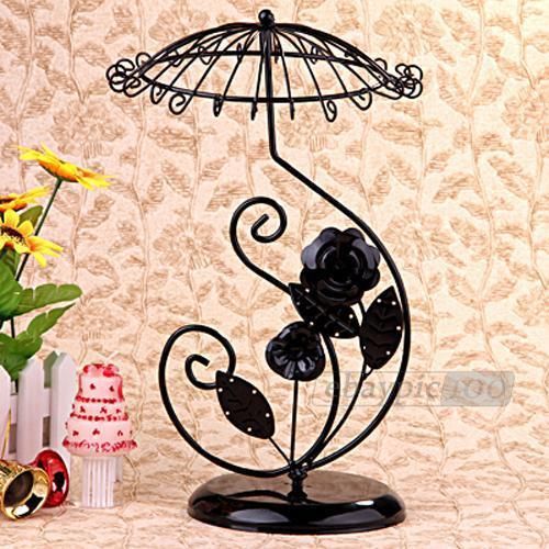 Black Metal Rose Umbrella Necklace Jewelry Display Stand Holder 13x8&#034;