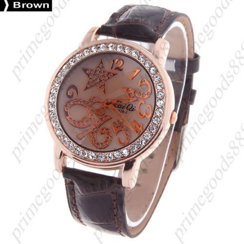 Round star pu leather lady ladies wrist quartz wristwatch women&#039;s brown for sale