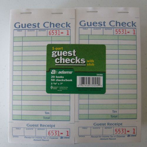 20 books adams 1-part guest check with stub - 50 checks/book  sa540a receipt ? for sale