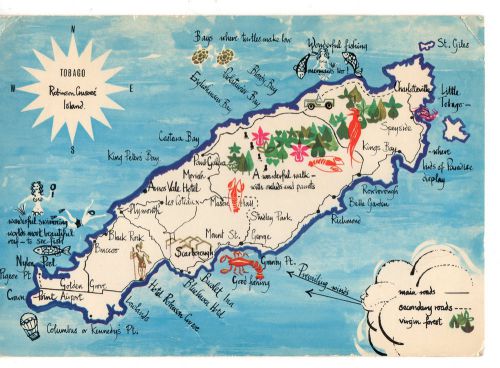 VINTAGE EPHEMERA ~ 88BB  HUGE POSTCARD 1967MAP TOBAGO  8.5X6&#034;