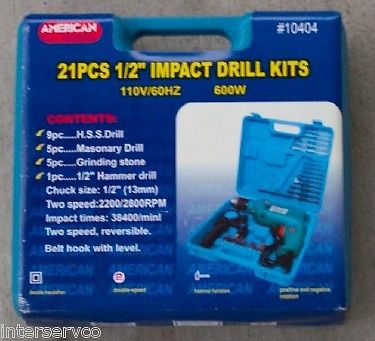 21 PIECE 1/2&#034; IMPACT DRILL KIT 2 SPEED REVERSIBLE