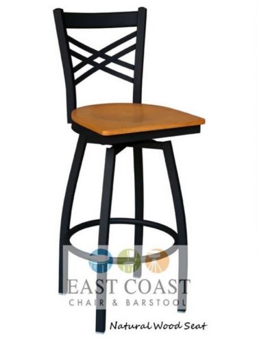 New Gladiator Cross Back Metal Swivel Restaurant Bar Stool w/ Natural Wood Seat