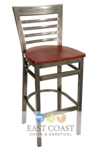 New Gladiator Clear Coat Full Ladder Back Metal Bar Stool, Mahogany Wood Seat