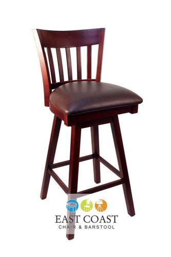 New Gladiator Mahogany Vertical Back Wooden Swivel Bar Stool w/ Brown Vinyl Seat