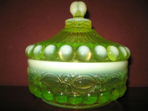 Vaseline Opalescent glass eyewinker pattern Covered Candy dish / butter uranium