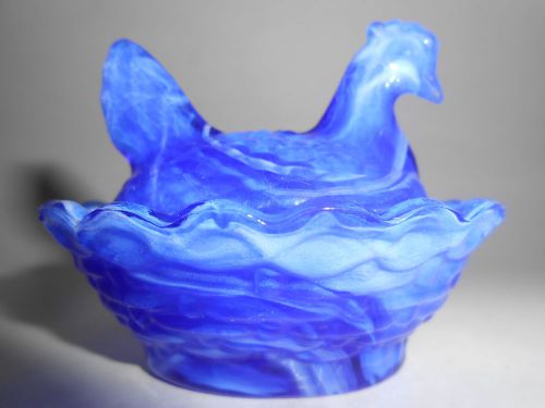 Cobalt blue milk slag glass salt cellar hen chicken on nest basket dish Boyd art