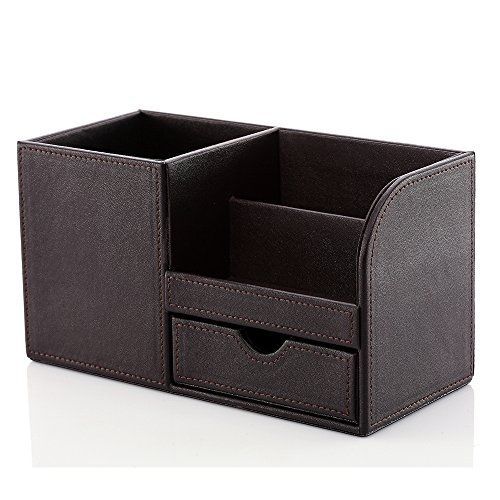 KINGFOM? Wooden Struction Leather Multi-function Desk Stationery Organizer