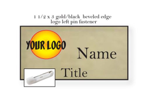 1 GOLD NAME BADGE COLOR LOGO ON LEFT 2 LINES OF IMPRINT PIN FASTENER