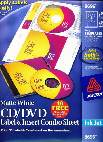 Avery 8696 cd/dvd label &amp; insert combo sheet ink jet 20 disc &amp; 20 front inserts! for sale