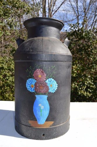 Buhl-Detroit 40 Qt Liq Milk Can Buhl Handles No Lid Painted Black Blue Flowers