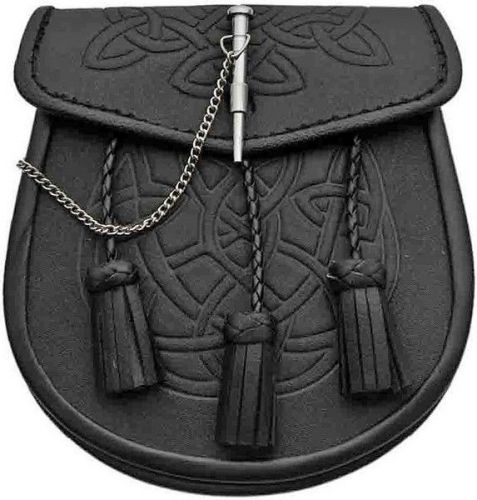 Pakistan PA3344 Celtic Knot Sporran w/Pin Leather Black 7.75&#034;x7.125&#034;