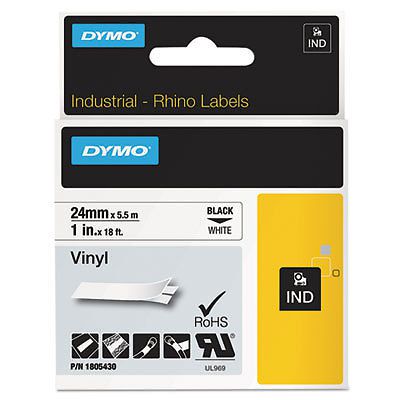 Rhino Permanent Vinyl Industrial Label Tape, 1&#034; x 18 ft, White/Black Print