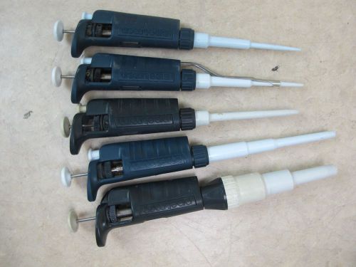 Set of 5 gilson pipetman pipette p20 (x2),p200,p1000, p5000 for sale