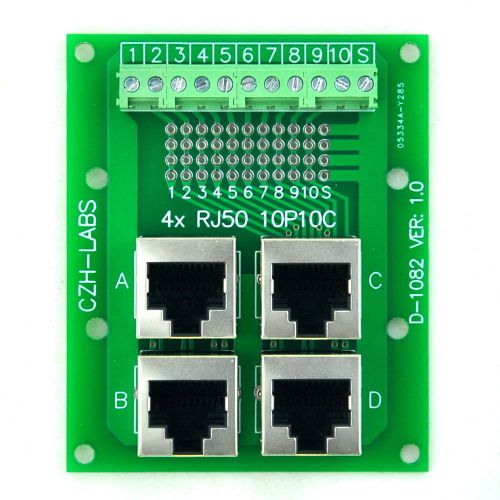 RJ50 10P10C Jack 4-Way Buss Breakout Board, Terminal Block, Connector.