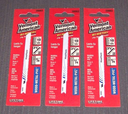 3 ea. Vermont American 30063 3-5/8&#034; 10-TPI U-Shank Wood, Metal, Jig Saw Blades