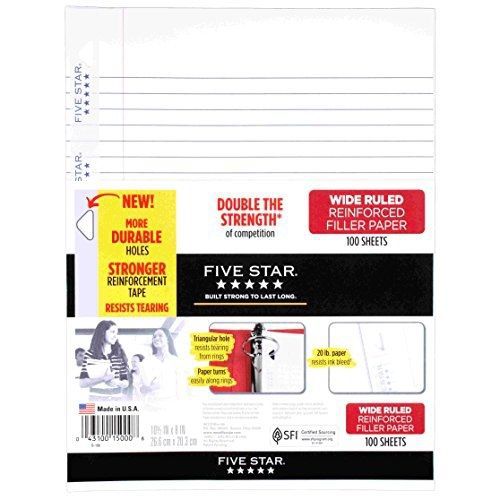 Five star filler paper, wide ruled, reinforced, loose leaf paper, 10.5 x 8&#034;, 100 for sale