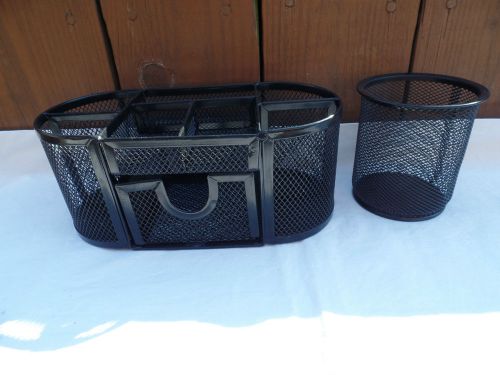 2 PIECE BLACK MESH METAL DESK TABLE STORAGE SET PENCIL PEN PAPER CLIPS ETC