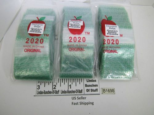 3 BAGS OF 100 2M 2&#034;x2&#034; PLASTIC ZIP SEAL ALL 3 GREEN ALIEN HEADS NEW B1698