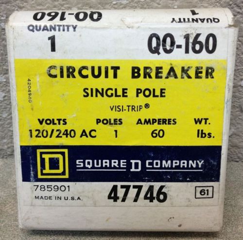 SQUARE D QO160 1 POLE 60 AMP 120 VOLT STAB-ON CIRCUIT BREAKER **NEW**