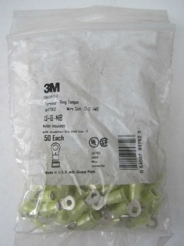 NEW 3M 94752 Nylon Insulated Ring Terminal 12-10 AWG 50 Pack Yellow Stud Size #8
