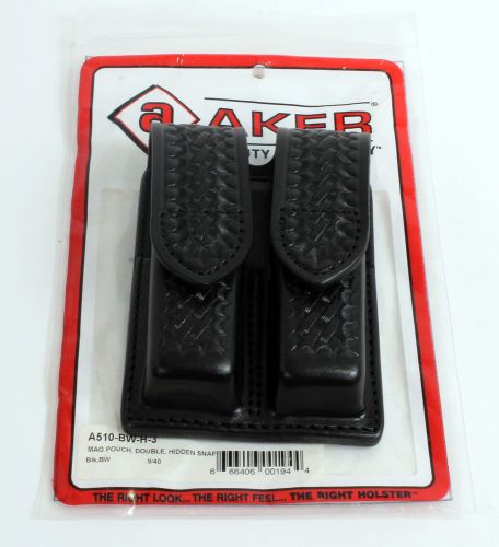 AKER LEATHER A510 DOUBLE MAGAZINE MAG POUCH BASKET WEAVE HIDDEN SNAP FOR 9MM .40