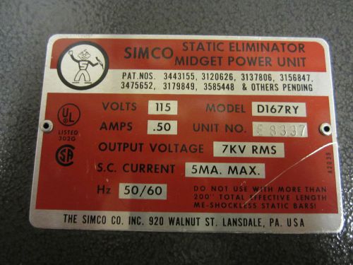 SIMCO STATIC ELIMINATOR D167RY