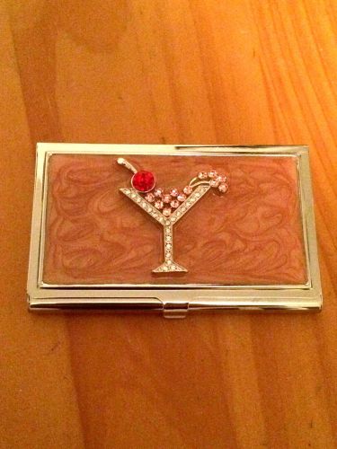 Cocktail Cosmopolitan Bedazzled Rhinestone Metal Business Card Holder Case