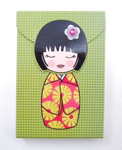 JAPANESE KOKESHI DOLL MINI NOTE PAD ~ MAGNETIC CLOSURE ~ GREEN ~ NEW