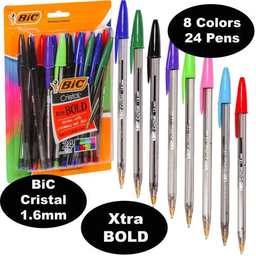 BiC Cristal 1.6 mm Colors, Xtra Bold Point, 18838, Pack of 24 Pens, 8 Ink Colors