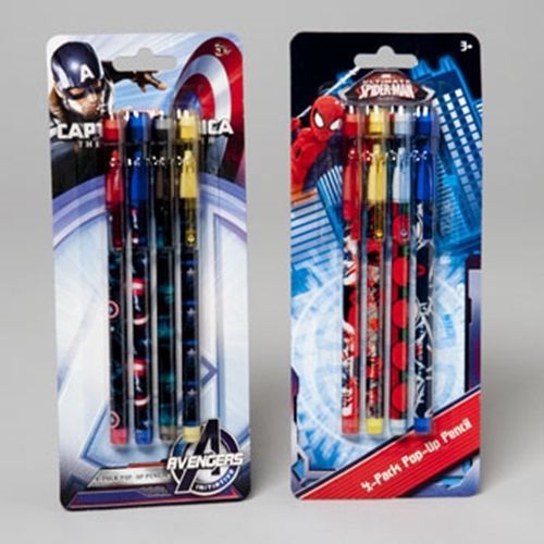 PENCILS POP UP 4 PK ASST DISNEY SPIDERMAN, AVNGRS CARDED, Case of 48