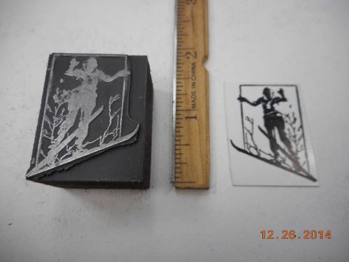 Letterpress Printing Printers Block, Winter Snow Skiing w Skis