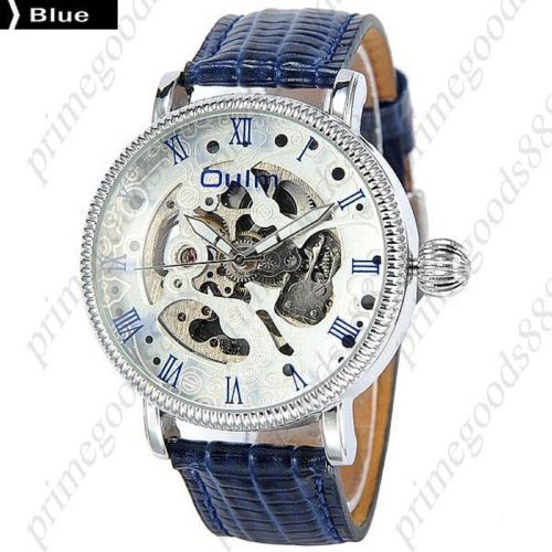 Round pu leather strap see through auto mechanical wrist men&#039;s wristwatch blue for sale