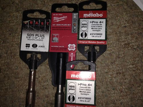 SET OF 4 MASONRY BITS SDS PLUS 2 of 5/8 x 12&#034; x 10, 2 of 1/4 x 4 x 6  NEW