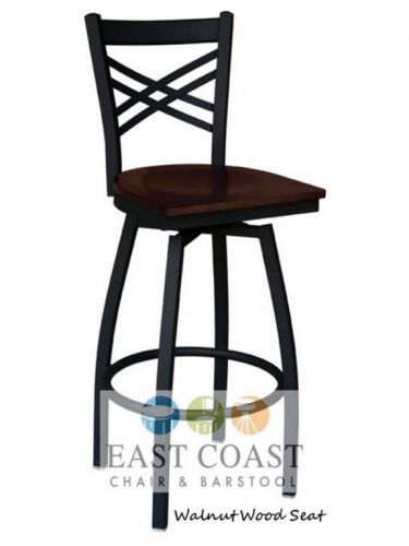 New Gladiator Cross Back Metal Swivel Restaurant Bar Stool w/ Walnut Wood Seat