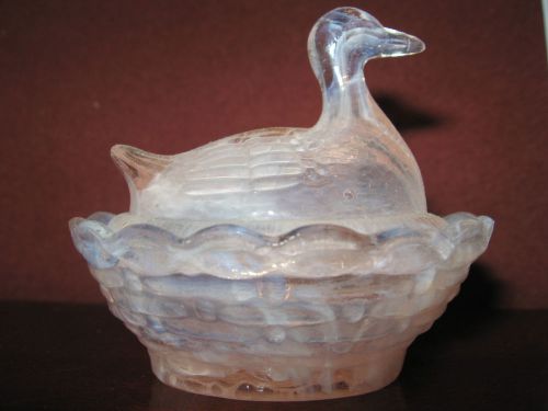 pink white milk slag glass salt cellar celt duck on nest basket dip swan opaque