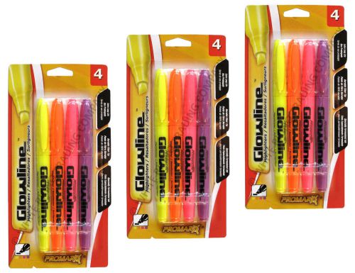 3 packs of 4, promarx glowline chisel-tip highlighters yellow orange pink purple for sale