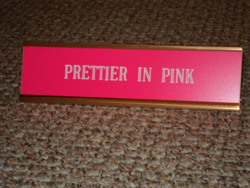 Custom engraved 2&#034; x 8&#034; pink/white sign w/gold desk holder -1 line engraving